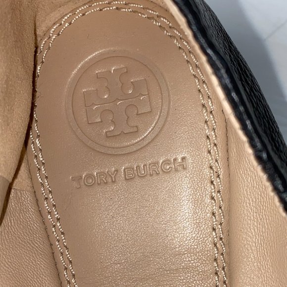 Tory Burch Allie Logo Ballet Flats Womens 7.5 Black Gold Leather Casual Career - Picture 4 of 10
